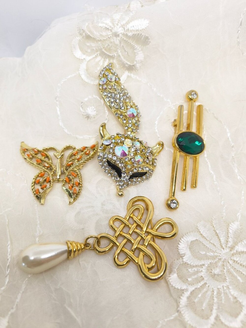 Vintage Gold-Tone Brooch Collection With Butterfly Pearl Drop Aurora Borealis &